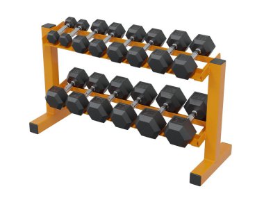 Jimnastik Salonu Salonu, halter spor aletleri için, farklı boyutlarda ve ağırlıkta, beyaz arka planda izole edilmiş. 3B illüstrasyon