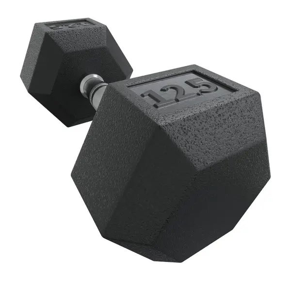 stock image Hex Dumbbell with numbers 12.5, weightlifting gym equipment, wide angle view, isolated on white background. 3D illustration