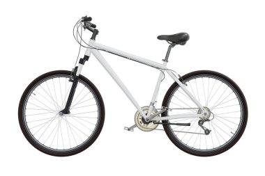 Beyaz bisiklet, yan görüş. Siyah deri eyer ve tutamaklar. Beyaz arkaplanda izole edilmiş, 3 boyutlu illüstrasyon