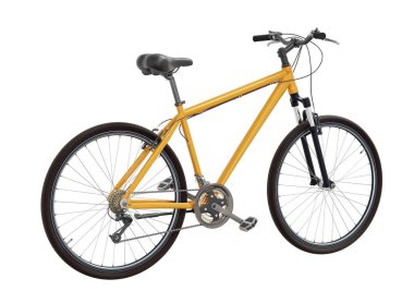 Turuncu bisiklet, üst arka manzara. Siyah deri eyer ve tutamaklar. Beyaz arkaplanda izole edilmiş, 3 boyutlu illüstrasyon