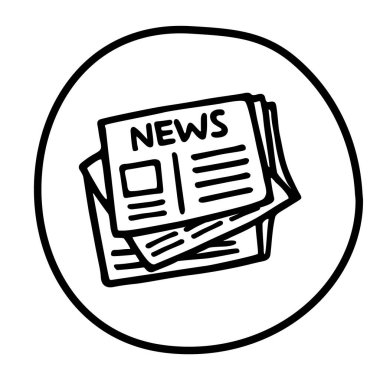 Doodle gazetesi simgesi ya da logosu, ince siyah çizgili. Beyaz arka planda izole edilmiş. Vektör illüstrasyonu