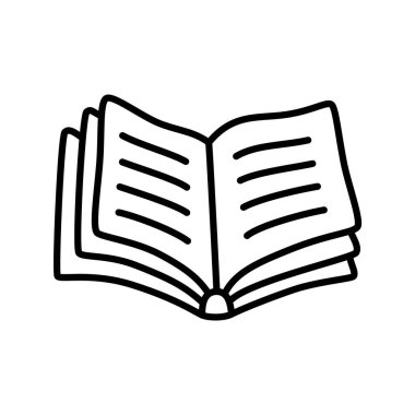 Minimalist tarzda ince çizgili karalama kitabı simgesi. Okul, kolej, beyaz arka planda izole edilmiş bir sembol. Vektör illüstrasyonu