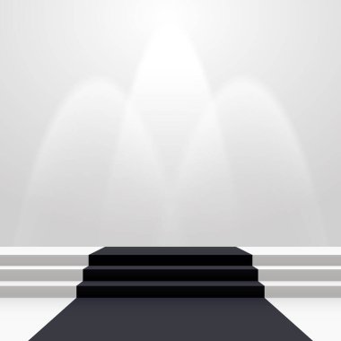 Siyah halı merdivenlerde, spot ışıkları podyumu aydınlatıyor. Bir nesne, insan, logo ve metin için boş bir şablon çizimi. Sunum, gala, tören, ödül konsepti.