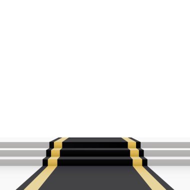 Beyaz arka planda siyah halı. Bir nesne, insan, logo ve metin için boş bir şablon çizimi. Sunum, gala, tören, ödül konsepti.