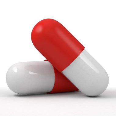 Beyaz arka plan üzerinde izole beyaz ve kırmızı hap. Atış makroyu kapatın. İlaç, sağlık sigortası, eczane konsepti.