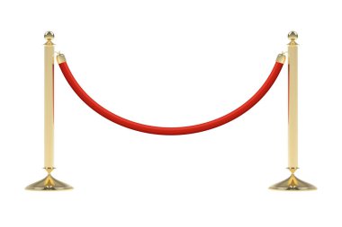 Kırmızı ipli engeller. Kırmızı halı giriş kapısı. VIP bölgesi, kapalı etkinlik kısıtlaması. Kadife ipli altın direklerin gerçekçi görüntüsü. Beyaz arka planda izole edilmiş. Vektör illüstrasyonu.