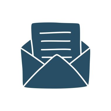 Üzerinde harf simgesi veya logo olan Doodle Open zarfı, ince siyah çizgili el çizimi. Beyaz arka planda izole edilmiş. Vektör illüstrasyonu