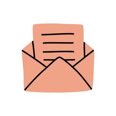 Üzerinde harf simgesi veya logo olan Doodle Open zarfı, ince siyah çizgili el çizimi. Beyaz arka planda izole edilmiş. Vektör illüstrasyonu