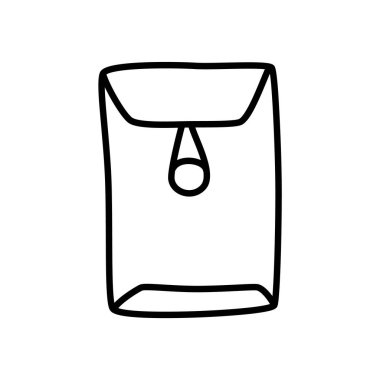 Doodle mektubu, ucu düğmeli zarf simgesi veya logosu, ince siyah çizgili el çizimi. Beyaz arka planda izole edilmiş. Vektör illüstrasyonu