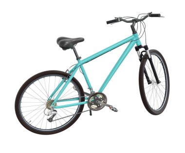 Mavi deniz mavisi bisikleti ayakta duruyor. Kickstand, yan görüş. Tekme üzerinde dinlenen bisiklet standı beyaz arka planda izole edilmiş, 3 boyutlu illüstrasyon