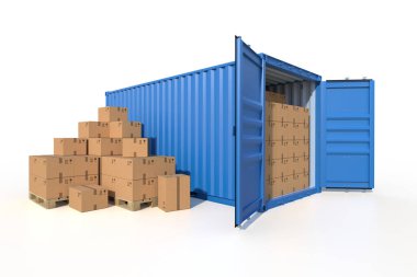 Gemi kargo konteynırının yan görüntüsü, açık kapılar, karton kutularla dolu. Paletin üzerinde karton kutular var. 3B illüstrasyon