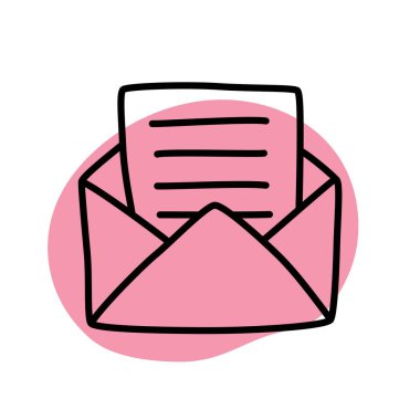 Üzerinde harf simgesi veya logo olan Doodle Open zarfı, ince siyah çizgili el çizimi. Beyaz arka planda izole edilmiş. Vektör illüstrasyonu