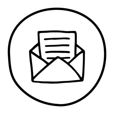 Üzerinde harf simgesi veya logo olan Doodle Open zarfı, ince siyah çizgili el çizimi. Beyaz arka planda izole edilmiş. Vektör illüstrasyonu