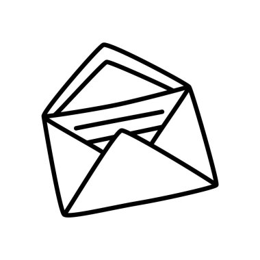 Üzerinde harf simgesi veya logo olan Doodle Open zarfı, ince siyah çizgili el çizimi. Beyaz arka planda izole edilmiş. Vektör illüstrasyonu