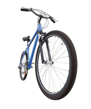 Mavi bisiklet, ön tarafı geniş açılı ön tekerleğin görüntüsü. Siyah deri eyer ve tutamaklar. Beyaz arkaplanda izole edilmiş, 3 boyutlu illüstrasyon