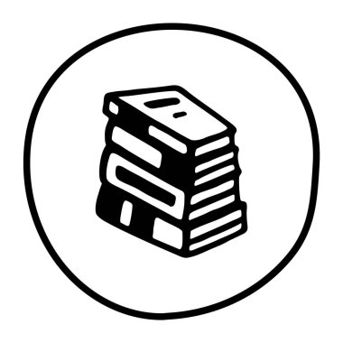 Kitap yığını ikonu. Beyaz arkaplanda el çizimi kitap, günlük ya da defter sembolü var. Vektör illüstrasyonu