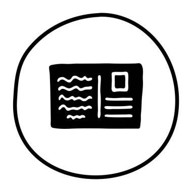 Karton kartpostal ikonu ya da logosu, ince siyah çizgili. Beyaz arka planda izole edilmiş. Vektör illüstrasyonu