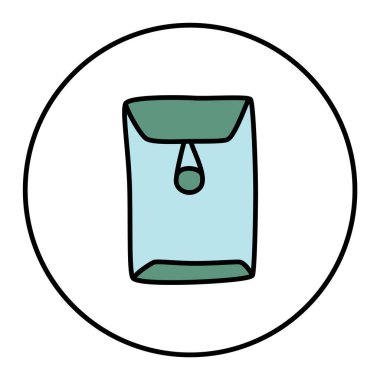 Doodle mektubu, ucu düğmeli zarf simgesi veya logosu, ince siyah çizgili el çizimi. Beyaz arka planda izole edilmiş. Vektör illüstrasyonu