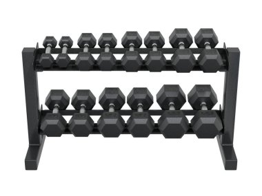 Jimnastik Salonu Salonu, halter spor aletleri için, farklı boyutlarda ve ağırlıkta, beyaz arka planda izole edilmiş. 3B illüstrasyon