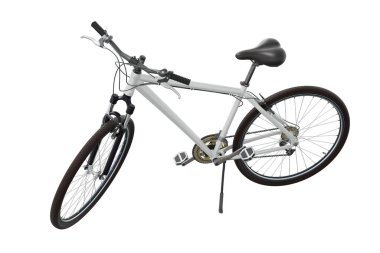 Kickstand, yan manzara yaslanırken beyaz bisiklet ayakta duruyor. Tekme üzerinde dinlenen bisiklet standı beyaz arka planda izole edilmiş, 3 boyutlu illüstrasyon