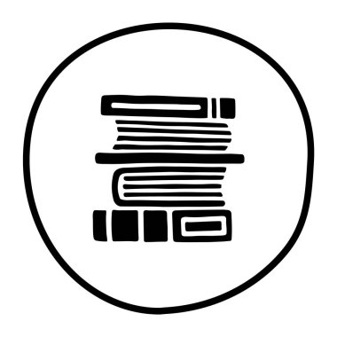 Kitap yığını ikonu. Beyaz arkaplanda el çizimi kitap, günlük ya da defter sembolü var. Vektör illüstrasyonu