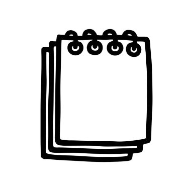 Mürekkep kalemli Doodle Notepad simgesi. Çizgi sanatı grafik tasarım ögesi beyaz arkaplanda izole edildi. Vektör illüstrasyonu