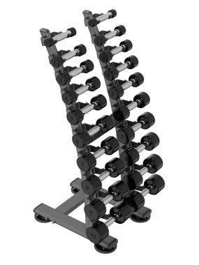 Jimnastik Salonu Salonu, halter spor aletleri için, farklı boyutlarda ve ağırlıkta, beyaz arka planda izole edilmiş. 3B illüstrasyon