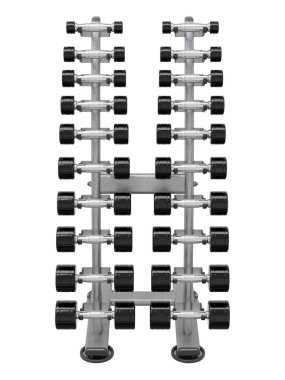 Jimnastik Salonu Salonu, halter spor aletleri için, farklı boyutlarda ve ağırlıkta, beyaz arka planda izole edilmiş. 3B illüstrasyon