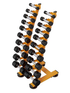 Jimnastik Salonu Salonu, halter spor aletleri için, farklı boyutlarda ve ağırlıkta, beyaz arka planda izole edilmiş. 3B illüstrasyon