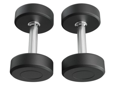 İki boş yuvarlak lastik dambıl, halter spor aletleri üst görünümü, beyaz arka planda izole. 3B illüstrasyon