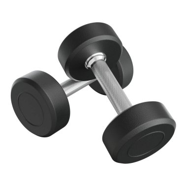 İki boş yuvarlak lastik dambıl, halter spor aletleri üst görünümü, beyaz arka planda izole. 3B illüstrasyon