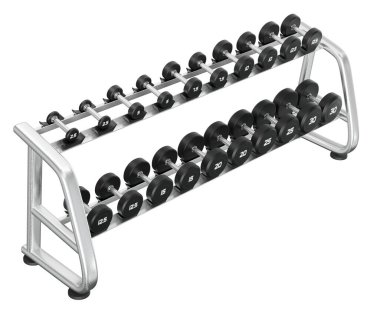 Spor Salonu Salonu 'nun X şeklinde rafı, halter spor aletleri için farklı boyutlarda ve ağırlıkta, beyaz arka planda izole edilmiş. 3B illüstrasyon