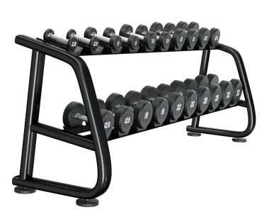 Jimnastik Salonu Salonu, halter spor aletleri için, farklı boyutlarda ve ağırlıkta, beyaz arka planda izole edilmiş. 3B illüstrasyon