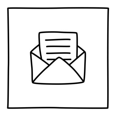 Üzerinde harf simgesi veya logo olan Doodle Open zarfı, ince siyah çizgili el çizimi. Beyaz arka planda izole edilmiş. Vektör illüstrasyonu