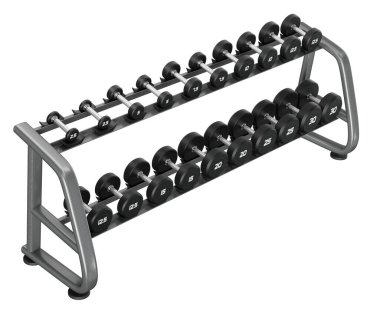 Jimnastik Salonu Salonu, halter spor aletleri için, farklı boyutlarda ve ağırlıkta, beyaz arka planda izole edilmiş. 3B illüstrasyon