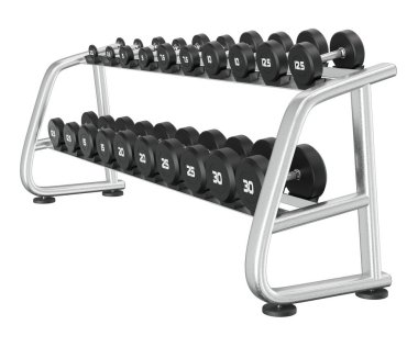 Jimnastik Salonu Salonu, halter spor aletleri için, farklı boyutlarda ve ağırlıkta, beyaz arka planda izole edilmiş. 3B illüstrasyon