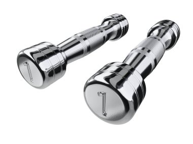 İki boş yuvarlak dambıl, bir numara, krom halter halter spor aleti, beyaz arka planda izole edilmiş. 3B illüstrasyon