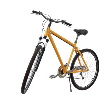 Turuncu bisiklet ayakta duruyor. Kickstand 'a yaslanırken, ön tarafa bakıyor. Tekme üzerinde dinlenen bisiklet standı beyaz arka planda izole edilmiş, 3 boyutlu illüstrasyon