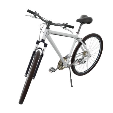 Kickstand, ön görünüm yaslanırken beyaz bisiklet ayakta duruyor. Tekme üzerinde dinlenen bisiklet standı beyaz arka planda izole edilmiş, 3 boyutlu illüstrasyon