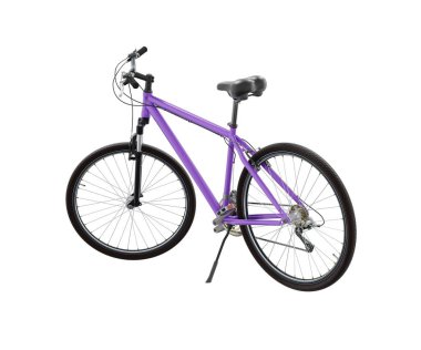 Kickstand, yan görünüm yaslanırken mor bisiklet ayakta duruyor. Tekme üzerinde dinlenen bisiklet standı beyaz arka planda izole edilmiş, 3 boyutlu illüstrasyon