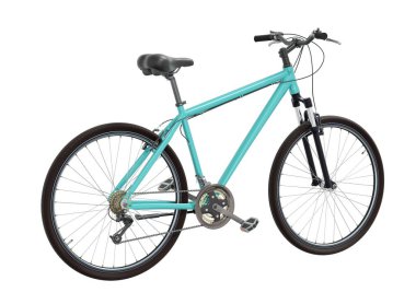 Mavi deniz mavisi bisiklet, üst arka manzara. Siyah deri eyer ve tutamaklar. Beyaz arkaplanda izole edilmiş, 3 boyutlu illüstrasyon