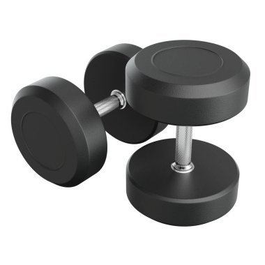 İki boş yuvarlak lastik dambıl, halter spor aletleri üst görünümü, beyaz arka planda izole. 3B illüstrasyon