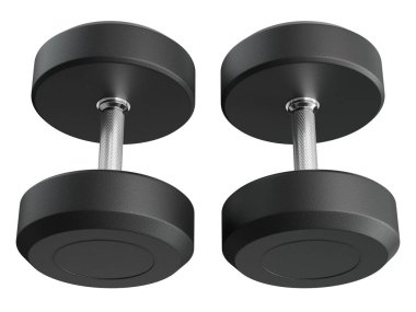 İki boş yuvarlak lastik dambıl, halter spor aletleri üst görünümü, beyaz arka planda izole. 3B illüstrasyon