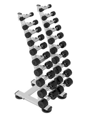 Jimnastik Salonu Salonu, halter spor aletleri için, farklı boyutlarda ve ağırlıkta, beyaz arka planda izole edilmiş. 3B illüstrasyon