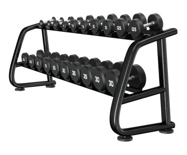 Jimnastik Salonu Salonu, halter spor aletleri için, farklı boyutlarda ve ağırlıkta, beyaz arka planda izole edilmiş. 3B illüstrasyon