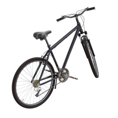 Siyah bisiklet ayakta duruyor. Kickstand 'a yaslanırken, yan görünüm. Tekme üzerinde dinlenen bisiklet standı beyaz arka planda izole edilmiş, 3 boyutlu illüstrasyon