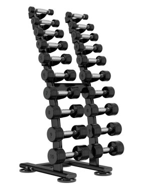 Jimnastik Salonu Salonu, halter spor aletleri için, farklı boyutlarda ve ağırlıkta, beyaz arka planda izole edilmiş. 3B illüstrasyon