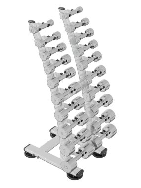 Jimnastik Salonu Salonu, halter spor aletleri için, farklı boyutlarda ve ağırlıkta, beyaz arka planda izole edilmiş. 3B illüstrasyon