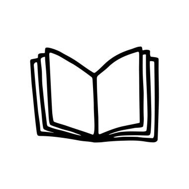 Minimalist tarzda ince çizgili karalama kitabı simgesi. Okul, kolej, beyaz arka planda izole edilmiş bir sembol. Vektör illüstrasyonu