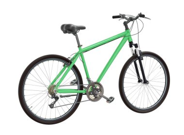 Yeşil bisiklet, üst arka manzara. Siyah deri eyer ve tutamaklar. Beyaz arkaplanda izole edilmiş, 3 boyutlu illüstrasyon